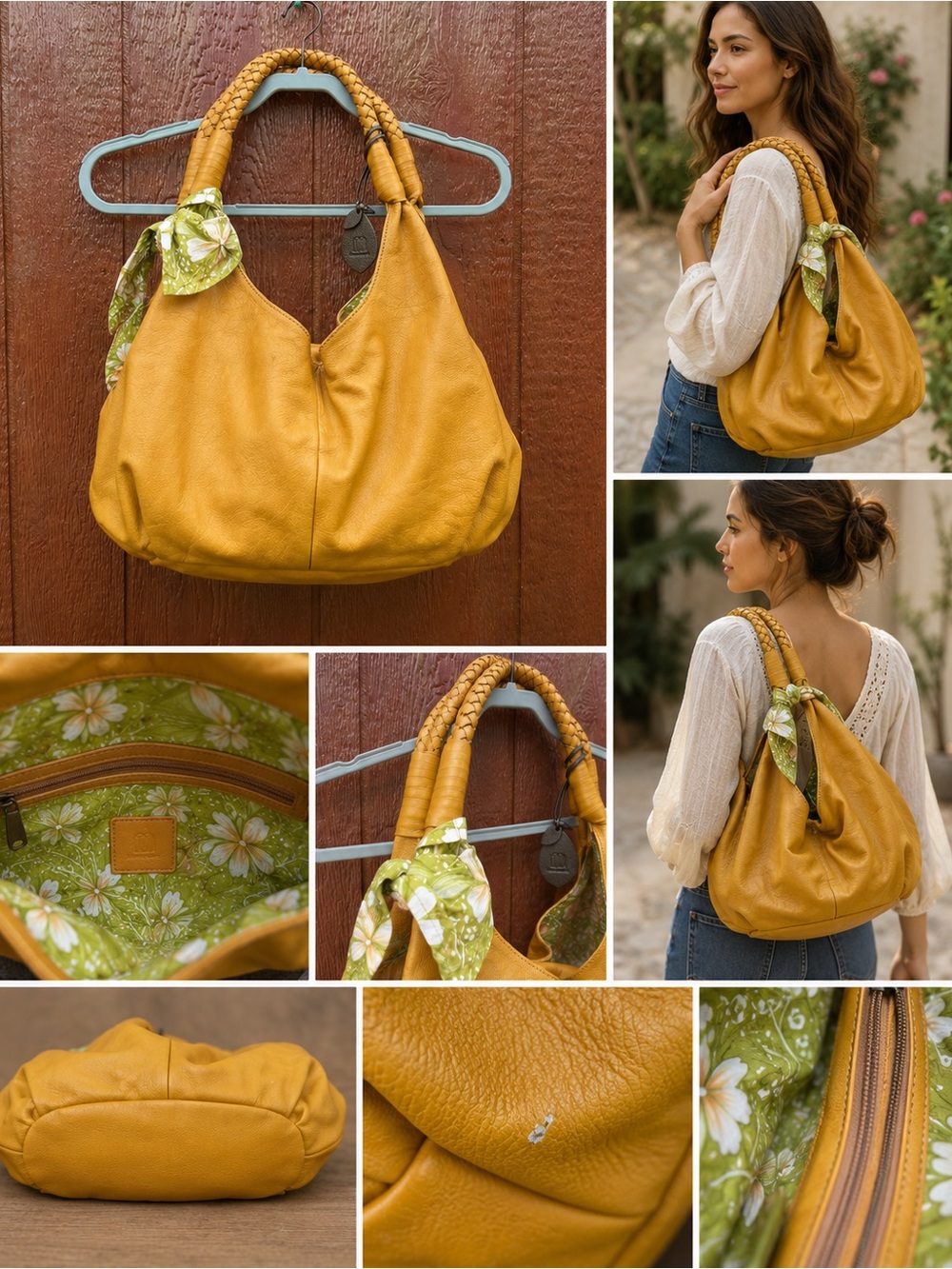 Motherhouse Leather Hobo Shoulder Bag Mustard Yellow Woven Handle Floral Lined